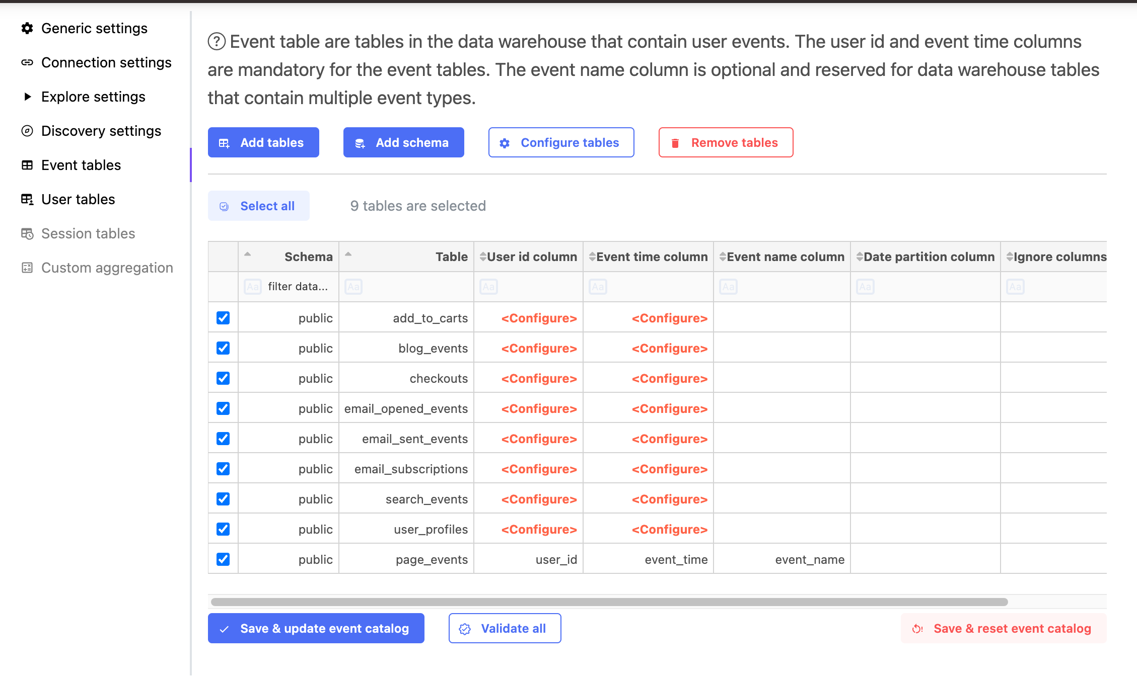 Configure tables